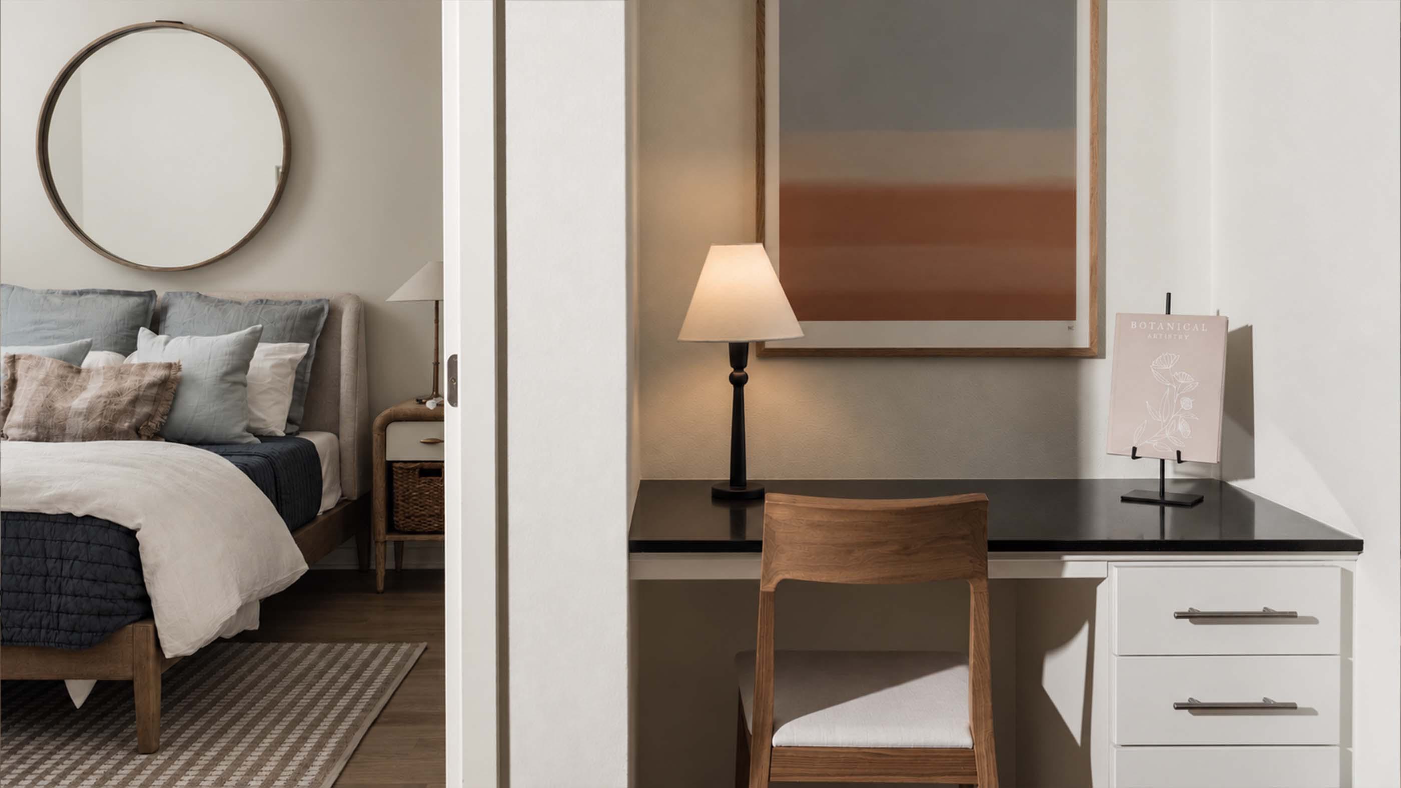 Split view of a cozy bedroom next to a built-in home office desk setup.