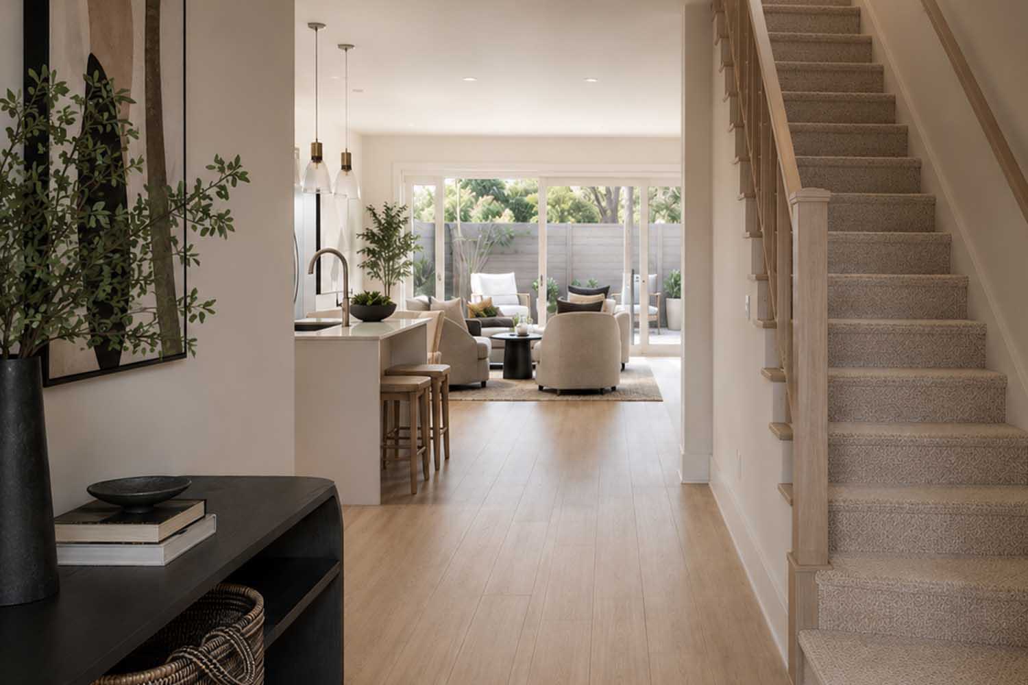 Multi-level townhome entryway showing carpeted stairs, hardwood floors, kitchen island, and open living room leading to a patio.