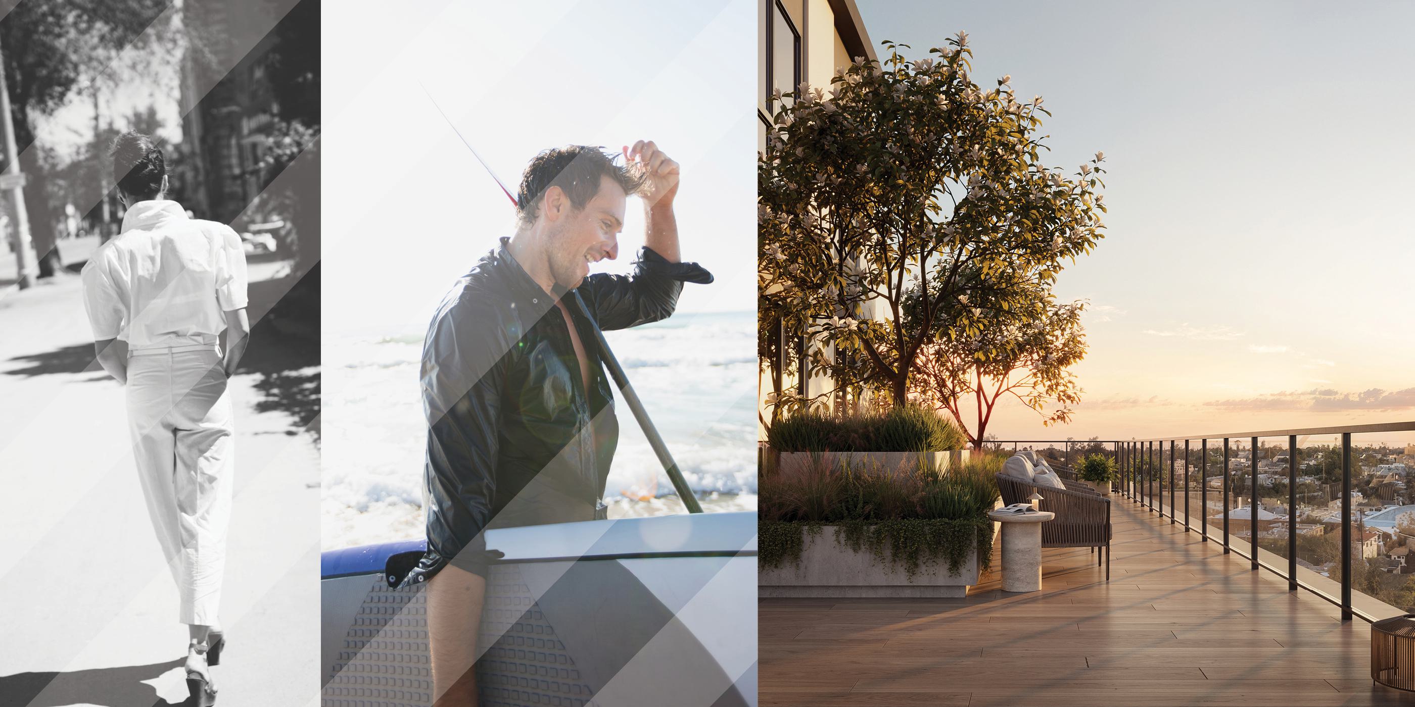 Three-panel collage showing a stylish walker, a surfer by the ocean, and a sunlit apartment roof deck at sunset.