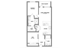 Floor plan of an apartment featuring a large walk-in closet, modern kitchen, and private balcony in San Diego.