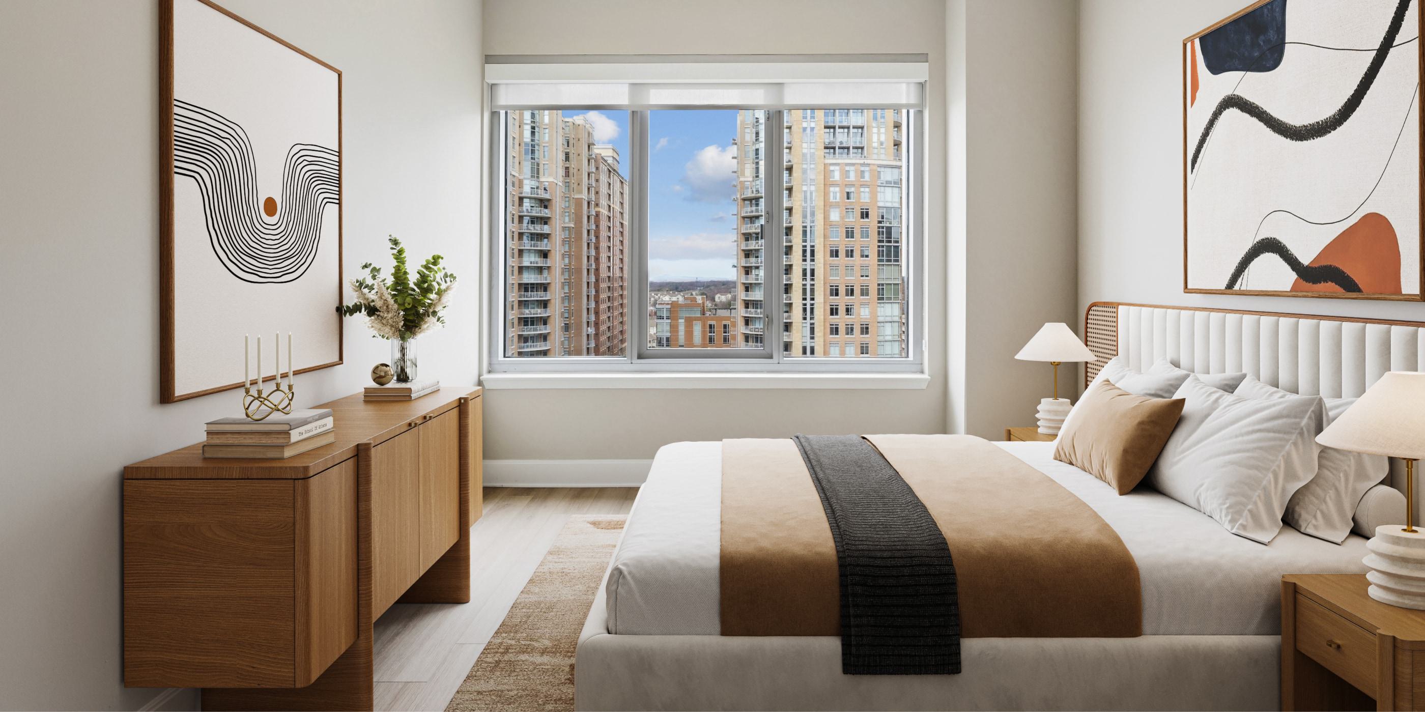 Modern apartment bedroom with a wood dresser, a large window showcasing city high-rises, and a neatly made bed.