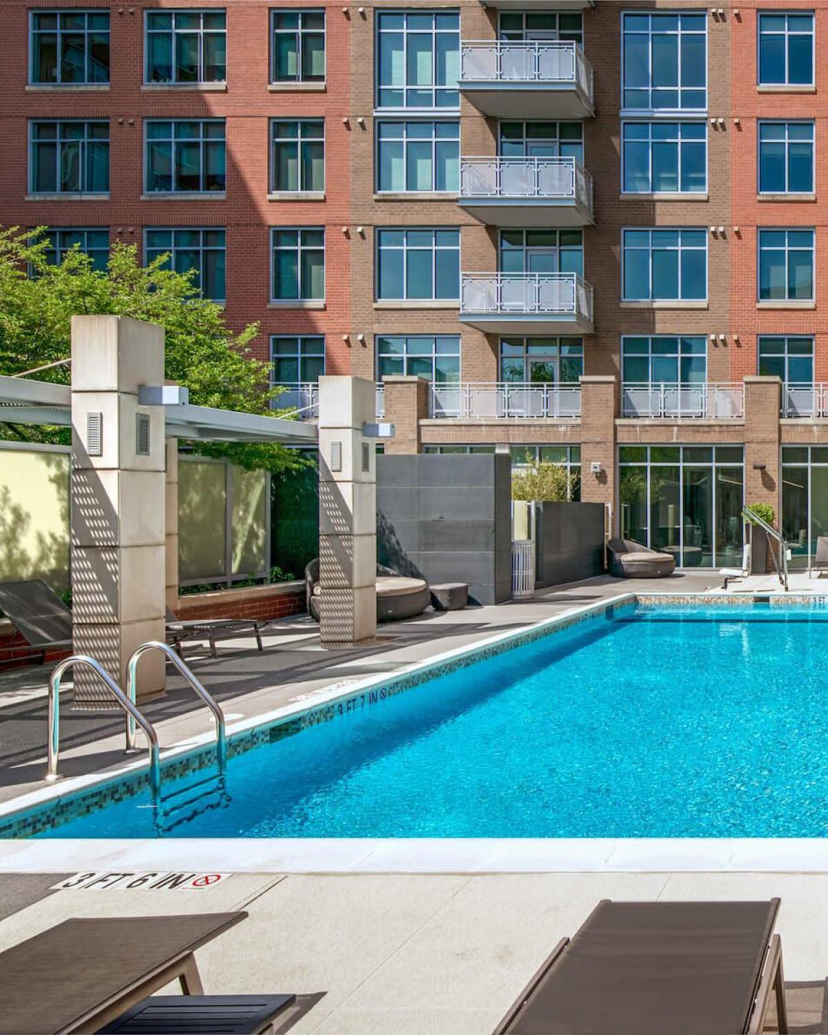 Sunlit outdoor swimming pool at Avant Reston, surrounded by lounge chairs, patio seating, and brick apartment buildings.