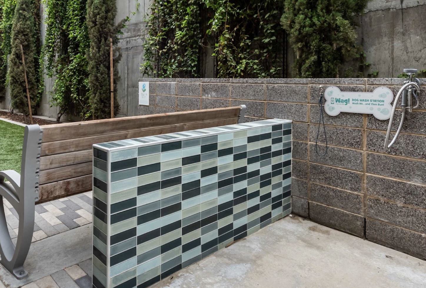 A professional walk-in pet wash station made of industrial stainless steel, featuring high splash guards, a textured non-slip floor, and a flexible grooming hose in a brightly lit, modern facility.