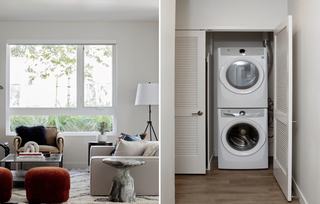 Split view showing a modern living room and a closet with stacked white Electrolux front-load washer and dryer.