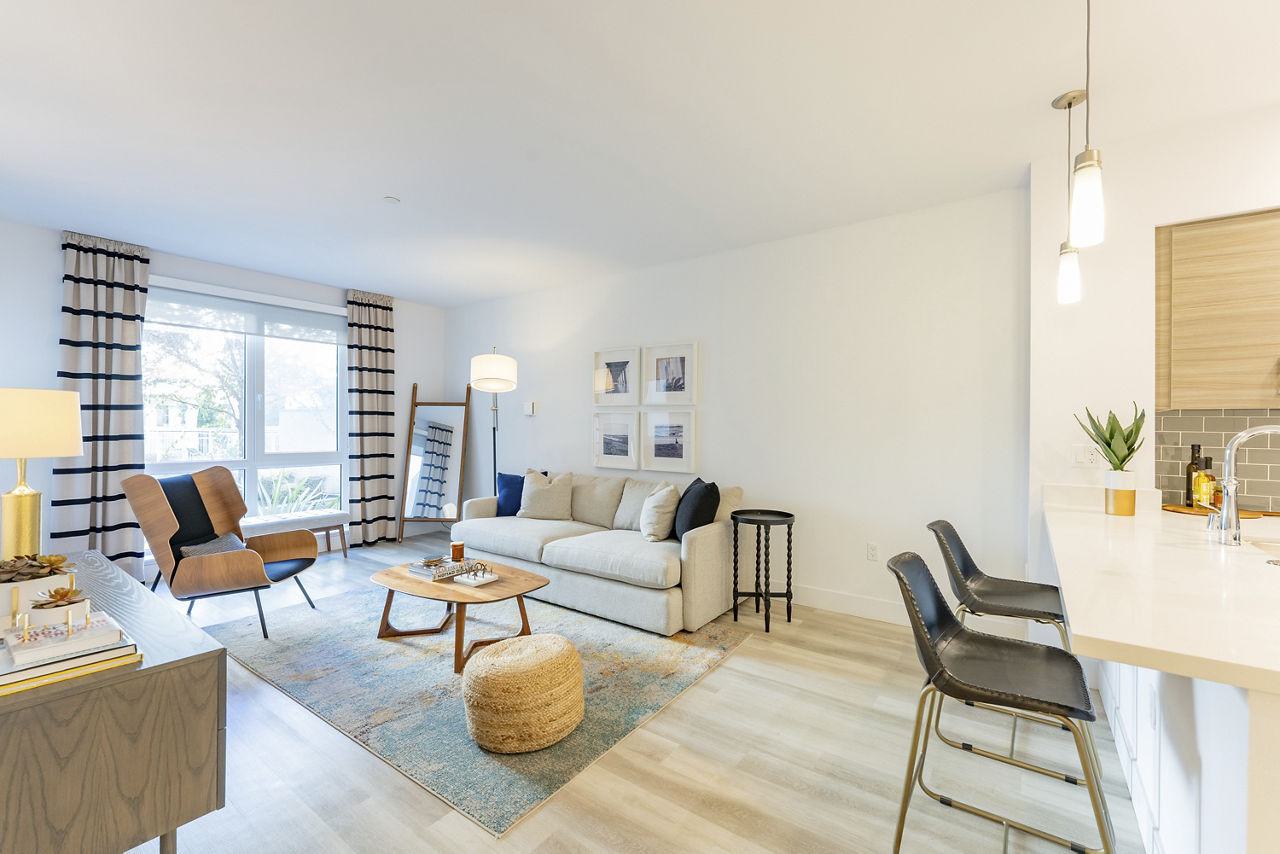 spacious , light filled apartment living and dining space with modern furniture and high-end appliances