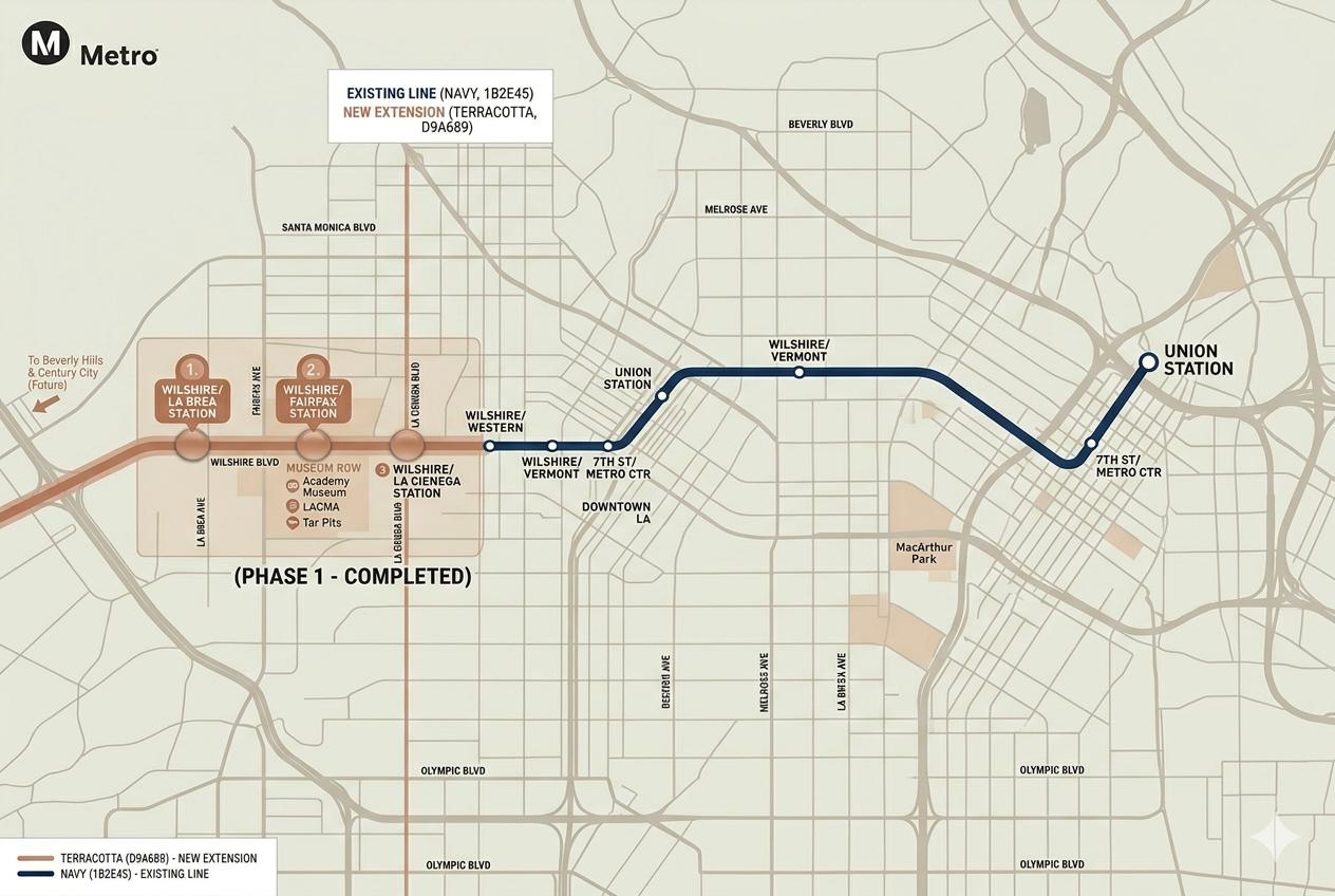 Map of the LA Metro D Line extension, showing the new underground route running west along Wilshire Boulevard. The path highlights the three new stations at Wilshire/La Brea, Wilshire/Fairfax, and Wilshire/La Cienega, demonstrating their connection to the existing rail network from Downtown L.A. and Union Station.
