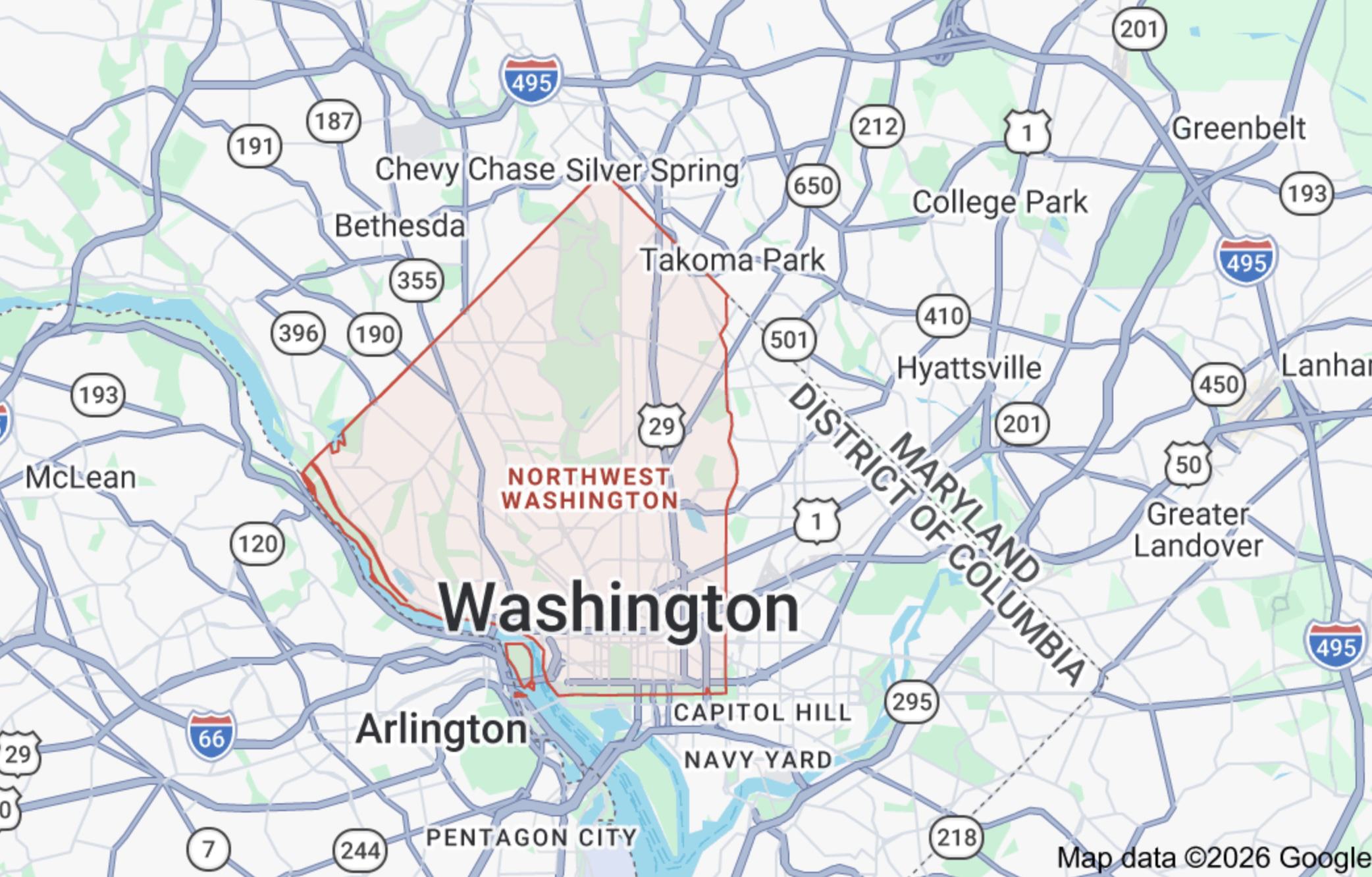 A Google map of Washington, D.C., highlighting the Northwest quadrant in light red. The highlighted area spans from the downtown core near the National Mall up to the Maryland border, encompassing neighborhoods like Chevy Chase and Takoma Park.