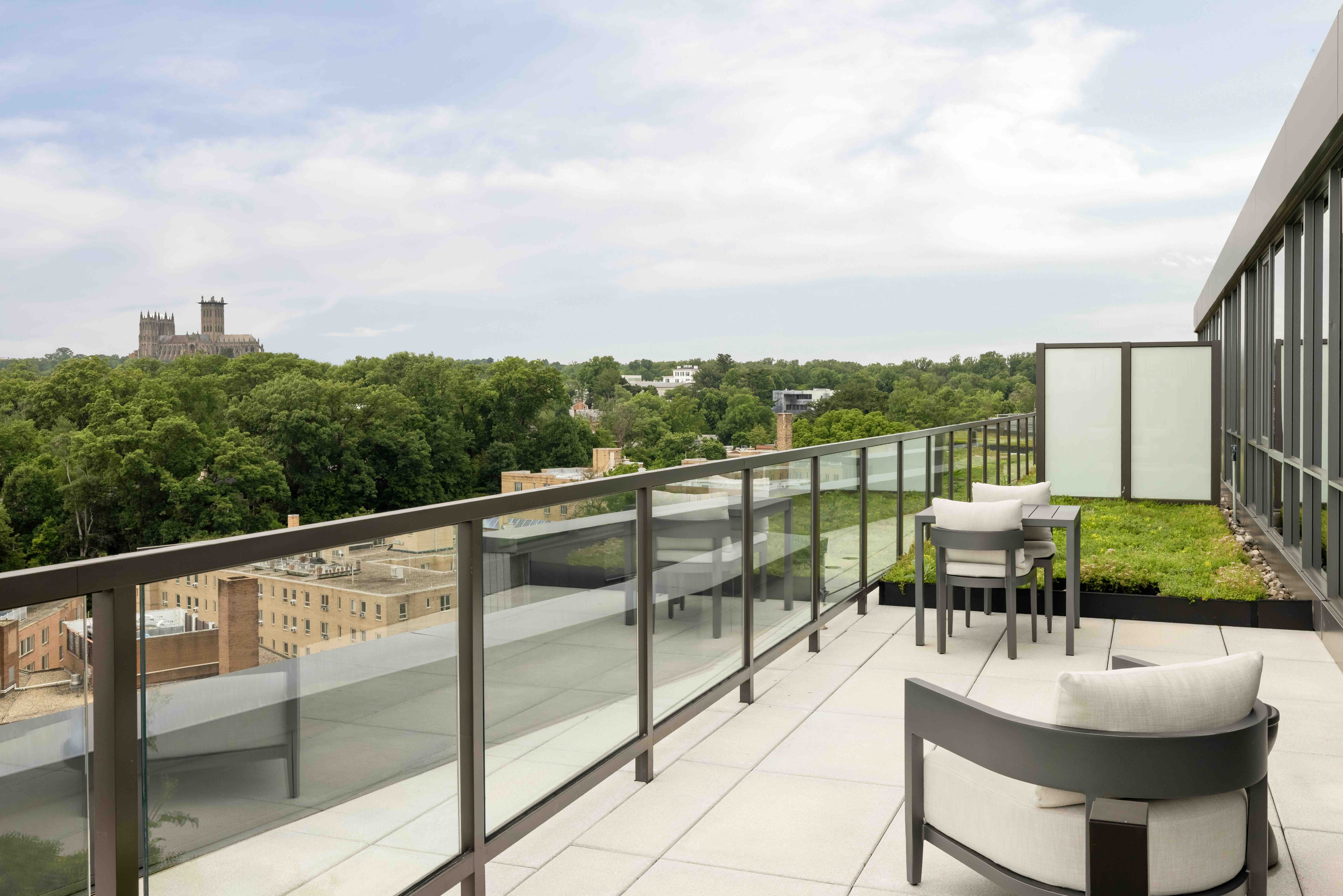 An expansive stone-paved penthouse terrace with a built-in green roof feature, frosted-glass privacy dividers, and panoramic treetop views of Washington, DC.