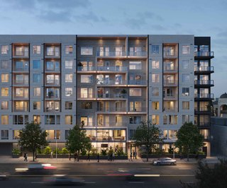 modern exterior of denizen apartment building with cars and street outside in walkable Hillcrest, San Diego