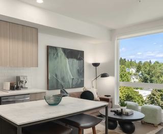 Modern open-concept apartment living room and kitchen at The Cline, featuring a marble island, stylish decor, and a large window with leafy Fremont neighborhood views.