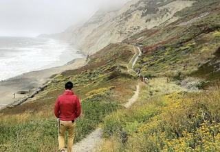 A hiker in a red jacket walks down a coastal dirt trail surrounded by yellow wildflowers, overlooking the ocean and foggy cliffs.