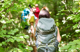 A group of backpackers hiking through a forested trail