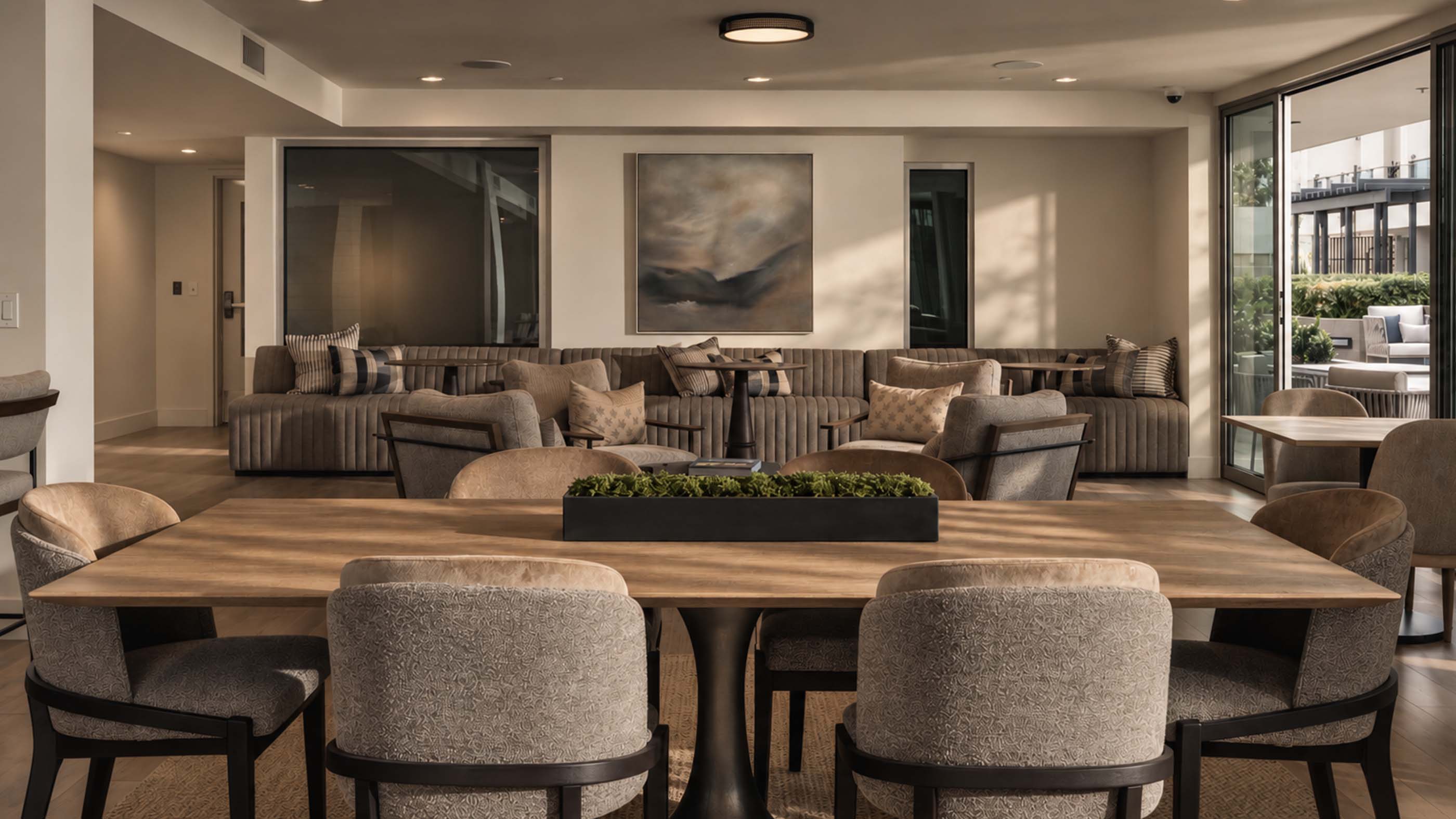 Modern coworking lounge at Stella in Marina del Rey with plush seating, wood dining table, and large glass doors.