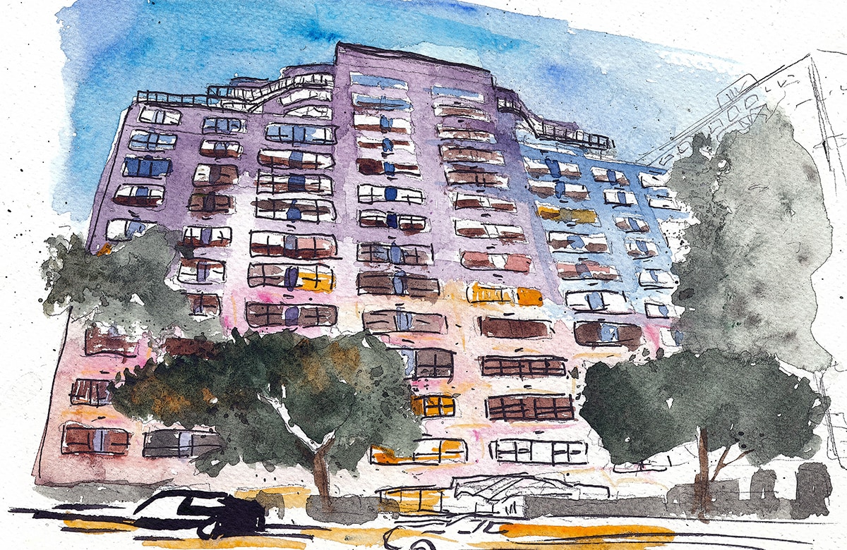 watercolor image of the Renior House luxury apartment building exterior