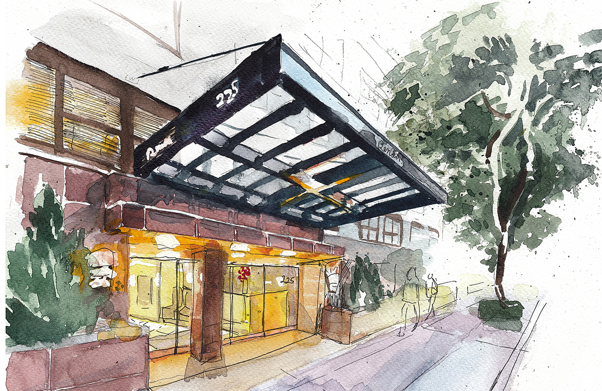 watercolor outdoor courtyard seating - Renoir House luxury apartment amenities