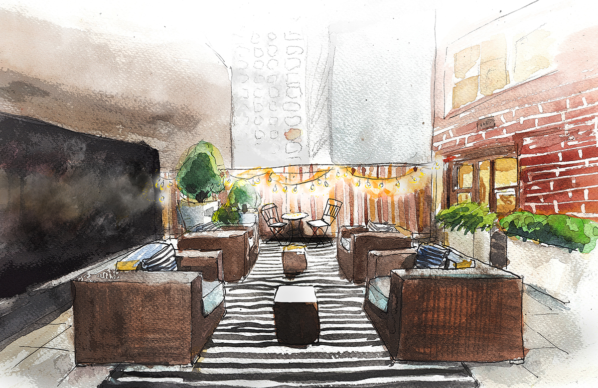 watercolor outdoor courtyard seating - Renoir House luxury apartment amenities