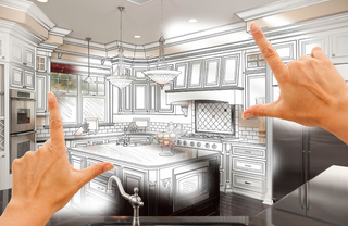 Hands framing a kitchen remodel sketch