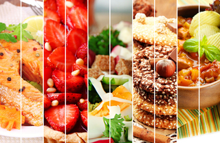 A collage of close up shots of plated food, including fish, fruit, cookies, and soup.