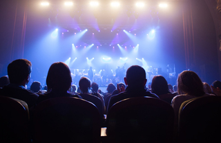 Silhouette of crowd facing a band performing on stage