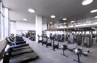 Gym with rows of treadmills, rowing machines, and other exercise machines
