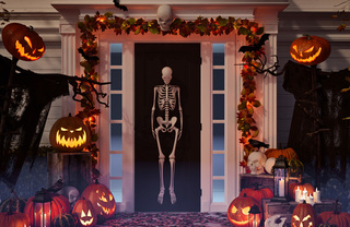 skeleton and evil pumpkins halloween decor