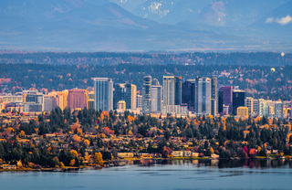 waterfront view of Bellevue WA skyline in the fall - Hyde Square Apts