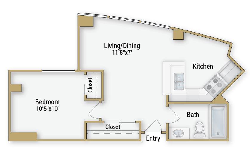 Marina floor plan diagram. One bedroom, one bathroom, and an open kitchen dining and living area.