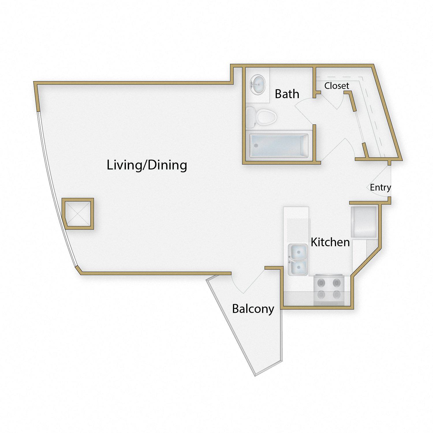 Embarcadero One floor plan diagram. Studio apartment with an open kitchen dining and living space, one bathroom, and a balcony.