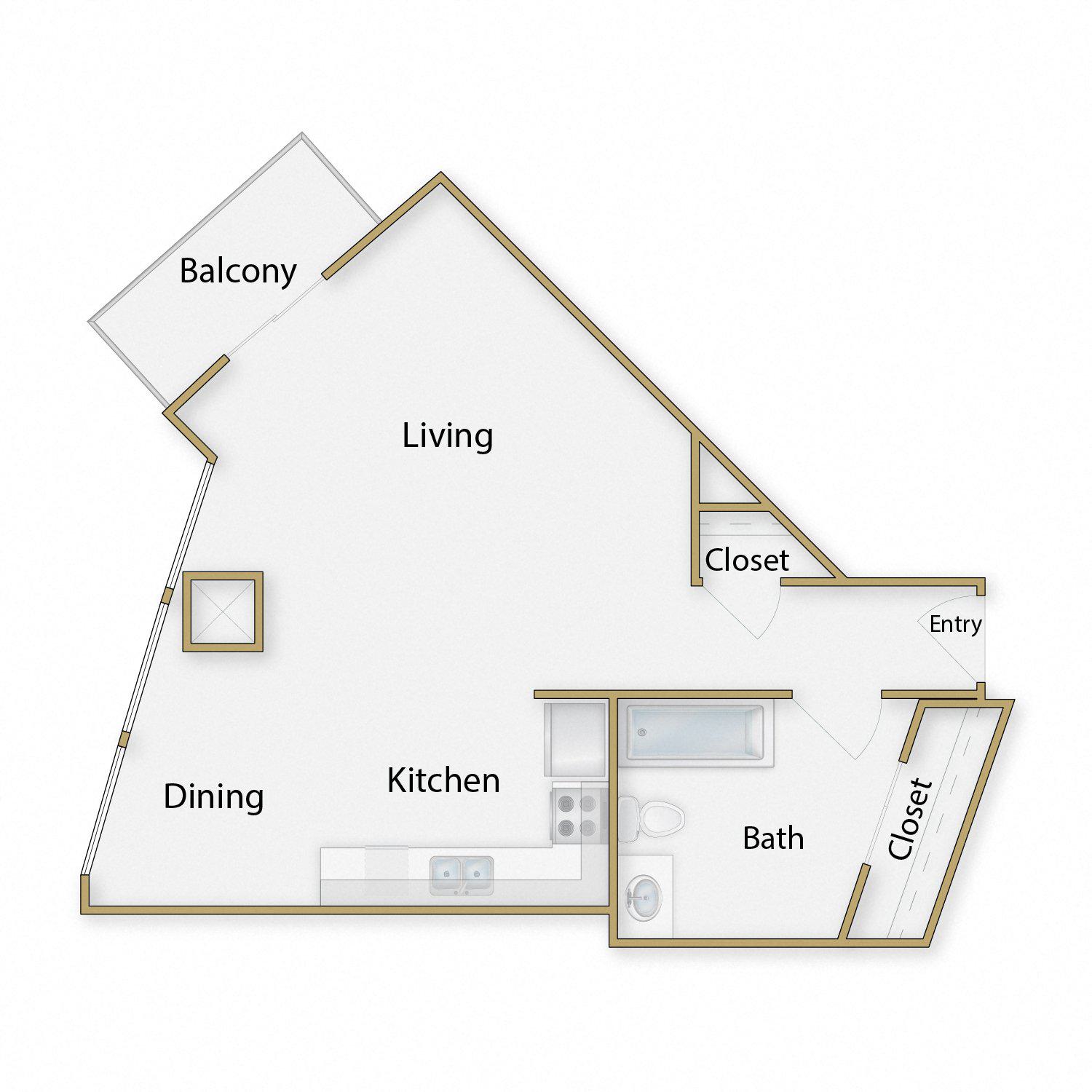 Embarcadero Two floor plan diagram. Studio apartment with an open kitchen dining and living space, one bathroom, and a balcony.