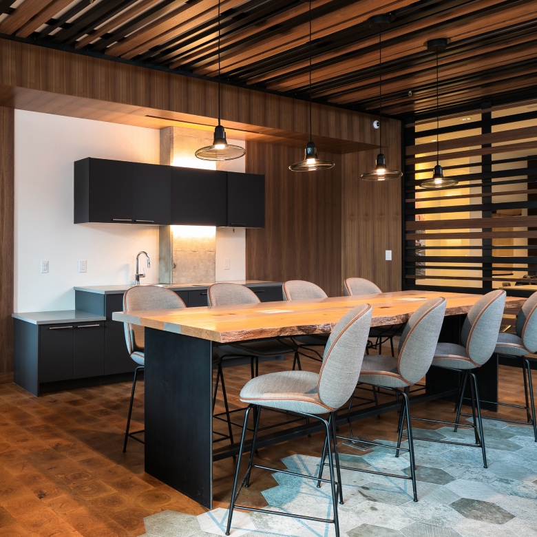 Open plan, modern living space with lounge, kitchen and dining.
