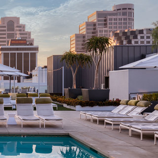 Chaise lounges on the roof top pool deck