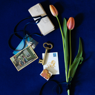 An arrangement of vintage postcards, old letters, and two orange tulips atop a blue velvet surface.