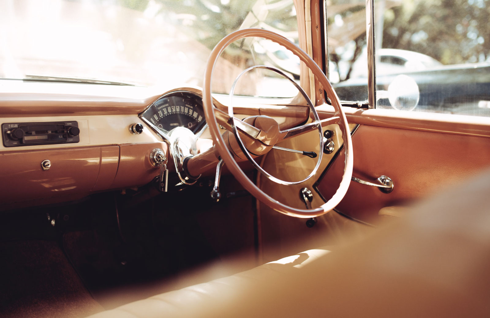 steering wheel of a vintage car