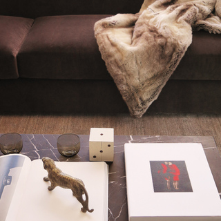 Close up of a marble coffee table with photography books, a gold lion figurine, and smoky glass votives.